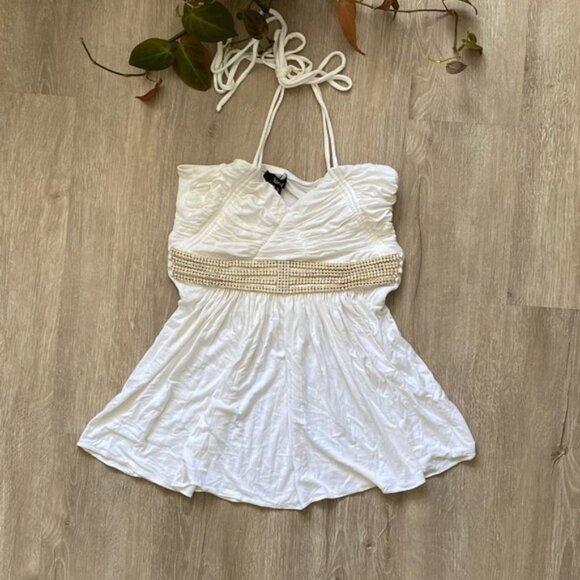 Sky Top White Draped Front Rhinestone Bling Halter Top - Picture 2 of 14